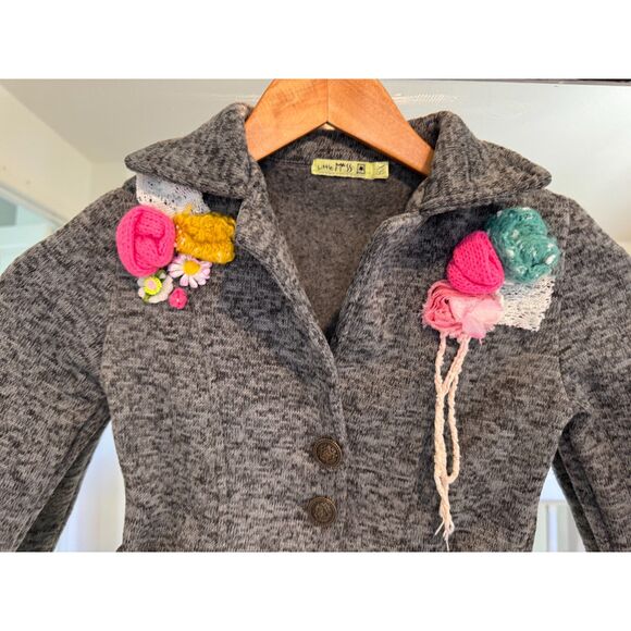 Little Mass Vintage Gray Cotton Floral Embellished Cardigan Jacket Girl’s Size 6 - Picture 2 of 6